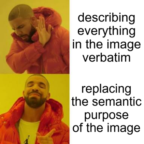 Drake no/yes meme
No: describing everything in the image verbatim
Yes: replacing the semantic purpose of the image