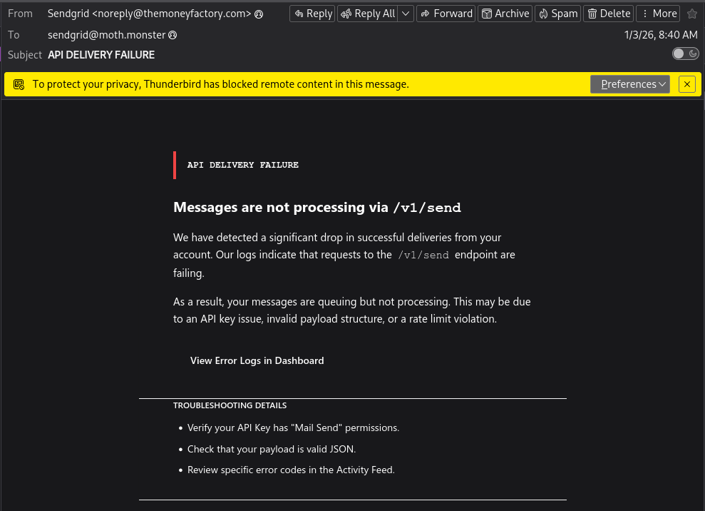 a phishing email claiming to be from SendGrid